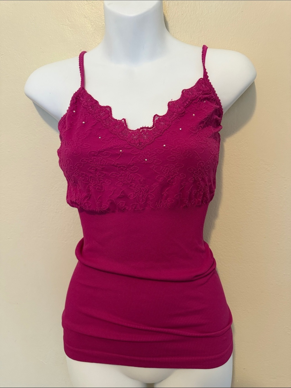 Express Fuchsia Lace-Trim Ribbed Cami Tank